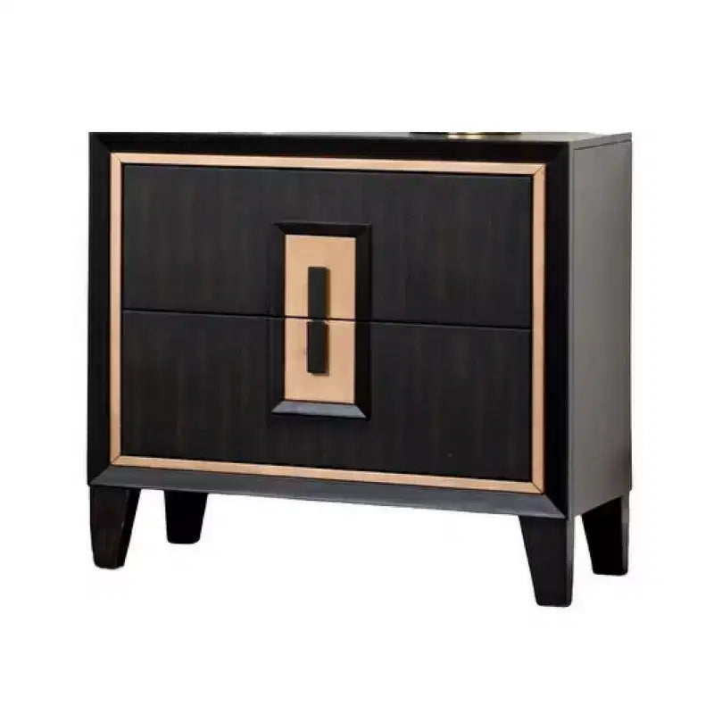 Comodino a 2 cassetti, 68 cm, marrone espresso con dettagli dorati, misto legno massello