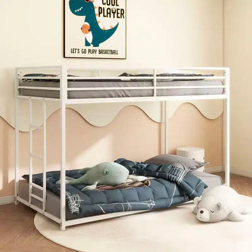 Okak 76.69IN Twin-Over-Twin Kids Bunk Beds with Metal Frame, Low Profile Bunk Bed with Ladder and Guardrails, Bed Frames for Bedroom, White