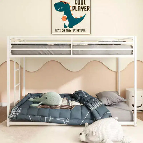 Litera metálica Twin-Over-Twin de 76.69" con escalera y barandillas, estructura de cama para niños de perfil bajo, blanca