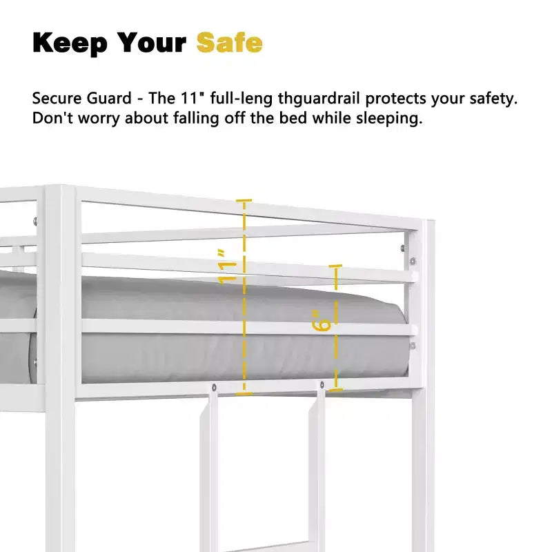 Letto a castello in metallo "Twin-Over-Twin" da 76,69" con scaletta e sponde di protezione, struttura letto per bambini a basso profilo, bianco