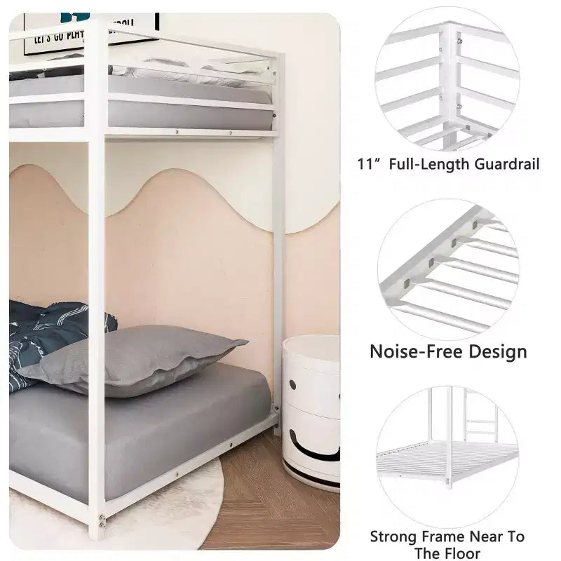 Letto a castello in metallo "Twin-Over-Twin" da 76,69" con scaletta e sponde di protezione, struttura letto per bambini a basso profilo, bianco