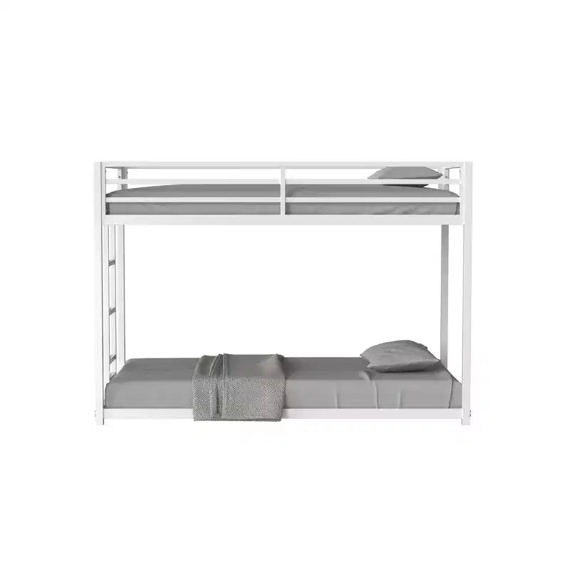 Letto a castello in metallo "Twin-Over-Twin" da 76,69" con scaletta e sponde di protezione, struttura letto per bambini a basso profilo, bianco