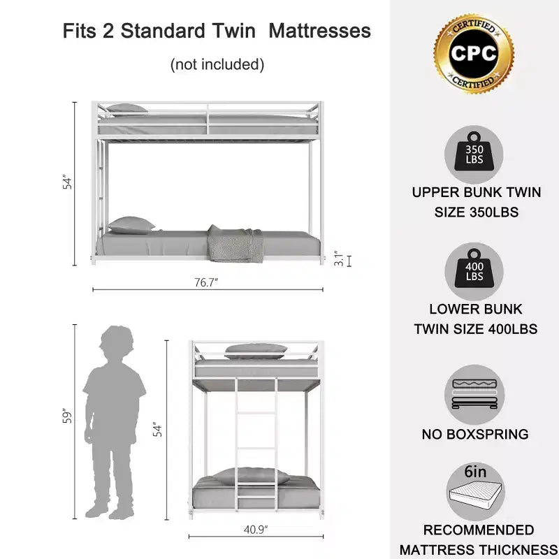 Letto a castello in metallo "Twin-Over-Twin" da 76,69" con scaletta e sponde di protezione, struttura letto per bambini a basso profilo, bianco