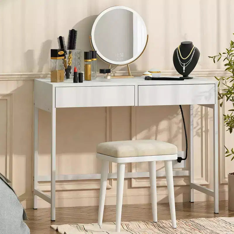 Okak Modern Vanity Table with Mirror & USB Ports,Small Dressing Desk with Big-capacity Drawers,Makeup Table for Bedrooms