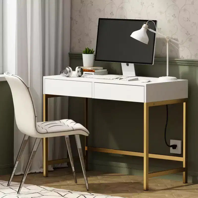 Mesa de tocador moderna Okak con espejo y puertos USB, escritorio pequeño con cajones de gran capacidad, mesa de maquillaje para dormitorios