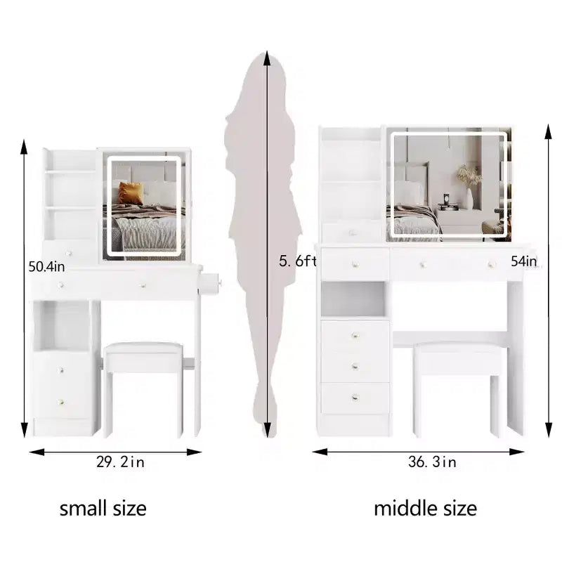 Okak modern nachtkastje en kaptafel met aanraakbediende ledspiegel, toilettafel met gevoerd bankje, make-uptafelset voor slaapkamers