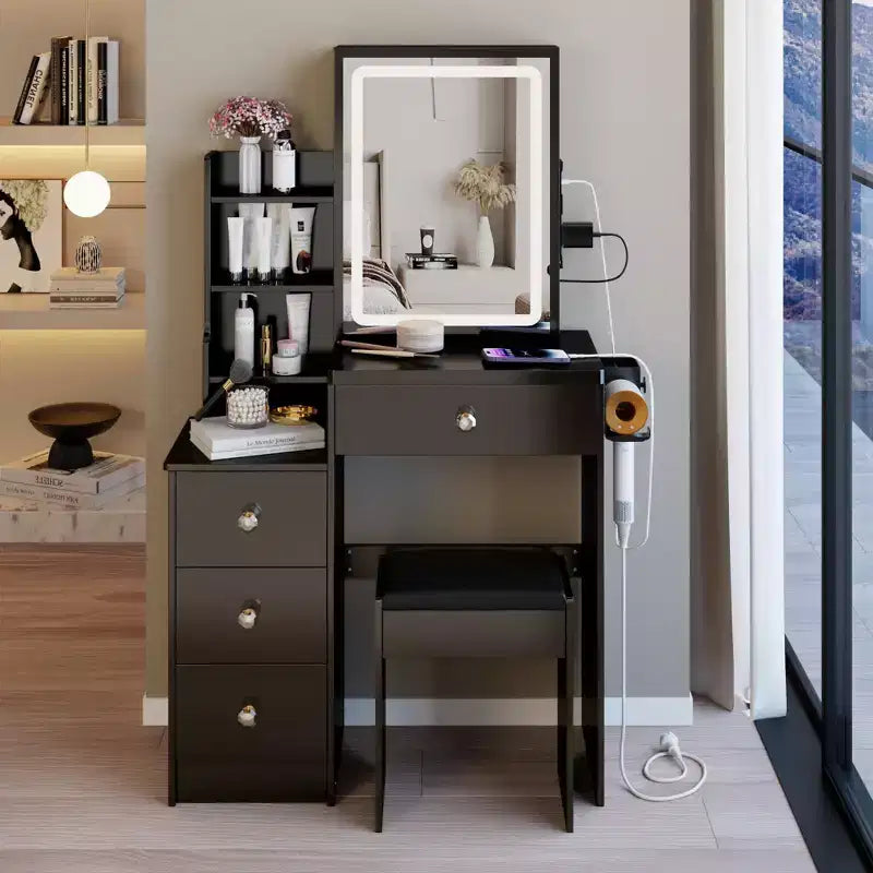 Okak modern nachtkastje en kaptafel met aanraakbediende ledspiegel, toilettafel met gevoerd bankje, make-uptafelset voor slaapkamers