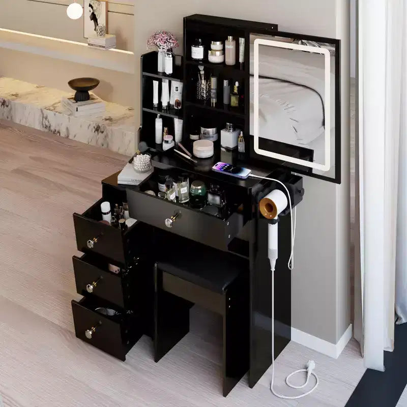 Okak modern nachtkastje en kaptafel met aanraakbediende ledspiegel, toilettafel met gevoerd bankje, make-uptafelset voor slaapkamers