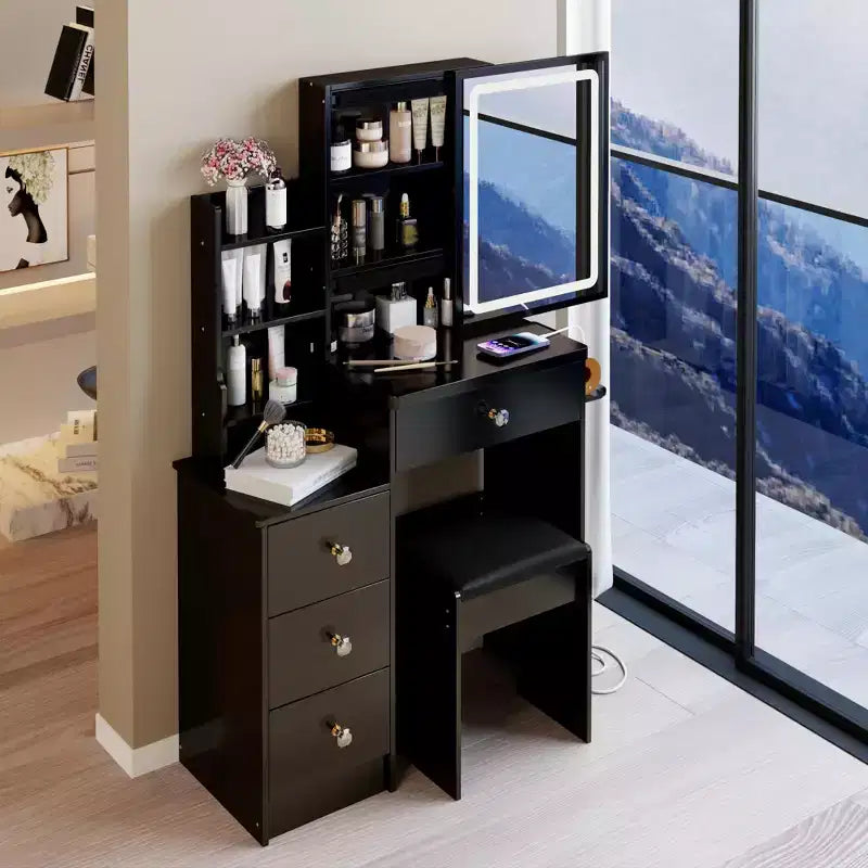 Okak modern nachtkastje en kaptafel met aanraakbediende ledspiegel, toilettafel met gevoerd bankje, make-uptafelset voor slaapkamers