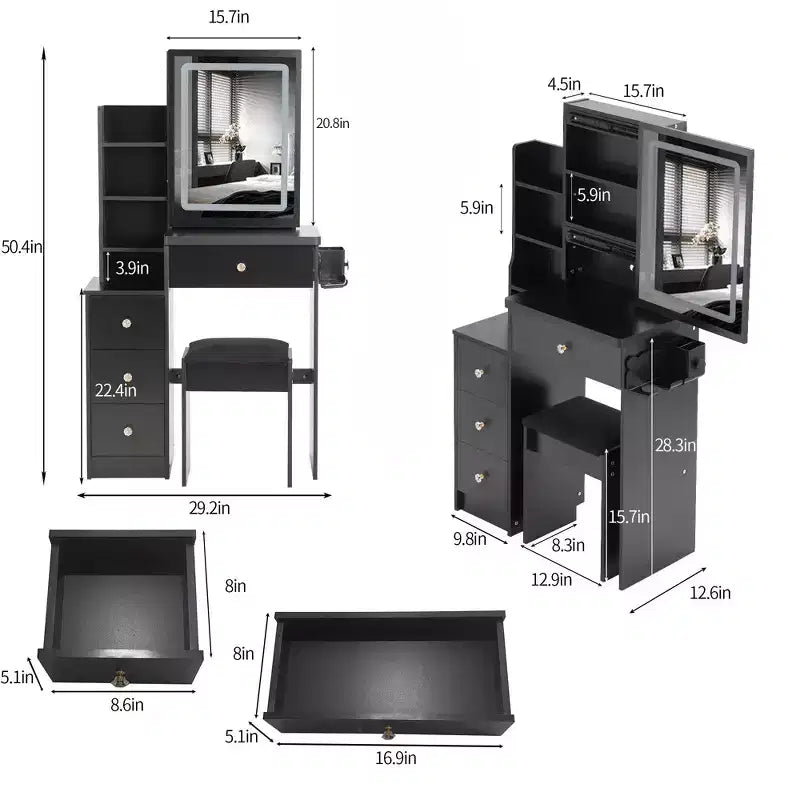 Okak modern nachtkastje en kaptafel met aanraakbediende ledspiegel, toilettafel met gevoerd bankje, make-uptafelset voor slaapkamers