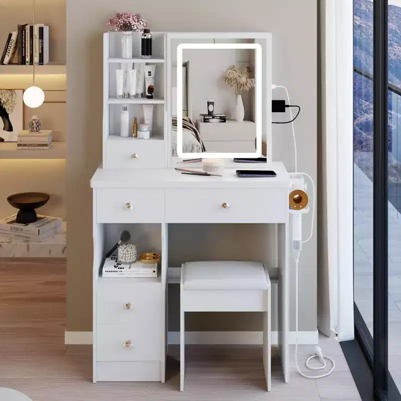 Okak modern nachtkastje en kaptafel met aanraakbediende ledspiegel, toilettafel met gevoerd bankje, make-uptafelset voor slaapkamers