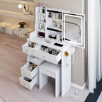 Okak modern nachtkastje en kaptafel met aanraakbediende ledspiegel, toilettafel met gevoerd bankje, make-uptafelset voor slaapkamers