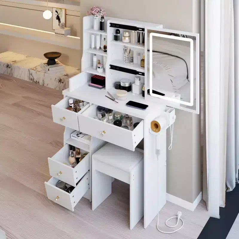 Okak modern nachtkastje en kaptafel met aanraakbediende ledspiegel, toilettafel met gevoerd bankje, make-uptafelset voor slaapkamers