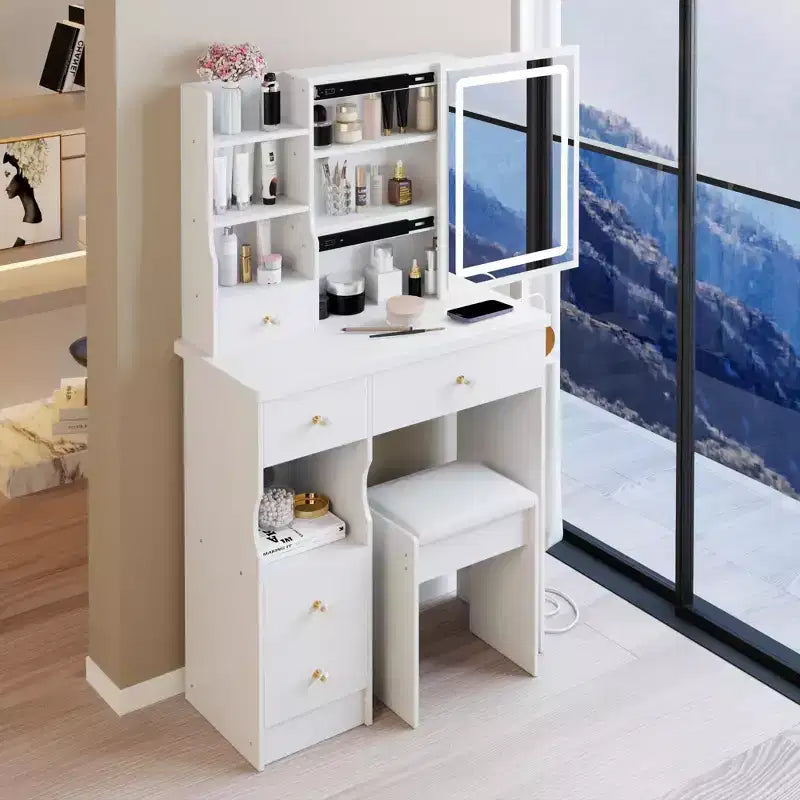 Okak modern nachtkastje en kaptafel met aanraakbediende ledspiegel, toilettafel met gevoerd bankje, make-uptafelset voor slaapkamers