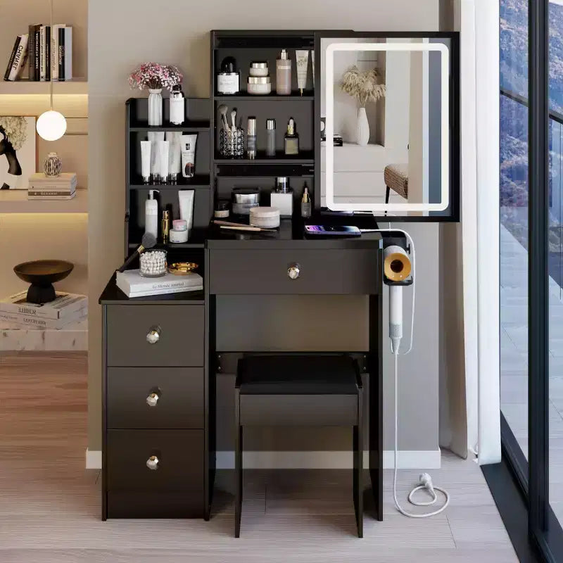 Okak Modern Bedside Cabinet Vanity Table with Touch Control LED Mirror,Dressing Desk with Cushioned Stool,Makeup Table Set for Bedrooms