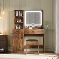 Makeup Vanity Desk with Mirror and Lights, Vanity Table Set with Drawer Chair & 3 Shelves, Bedroom, Brown