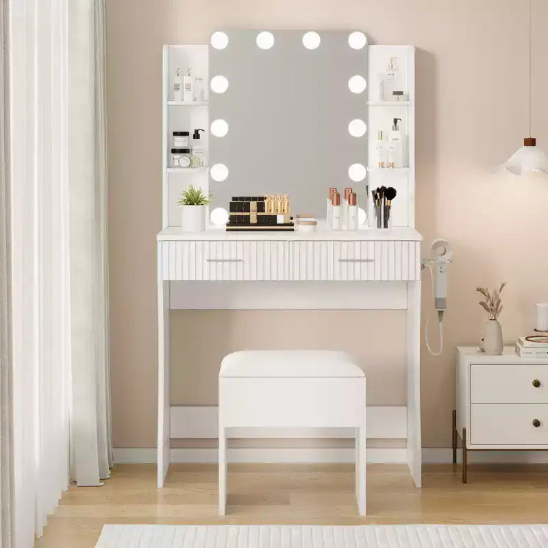 Garvee Schminktisch mit Spiegel und 12 LED-Leuchten, modernes Frisiertisch-Möbel mit Haartrocknerhalter und Hocker fürs Schlafzimmer