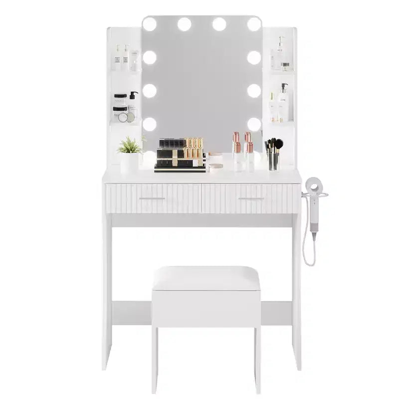 Garvee Schminktisch mit Spiegel und 12 LED-Leuchten, modernes Frisiertisch-Möbel mit Haartrocknerhalter und Hocker fürs Schlafzimmer