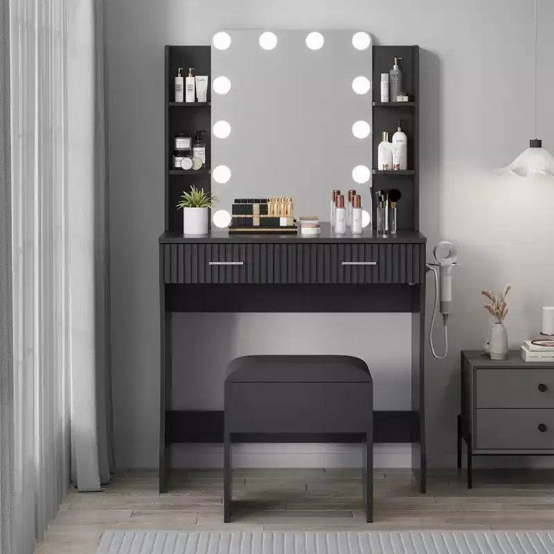 Garvee Schminktisch mit Spiegel und 12 LED-Leuchten, modernes Frisiertisch-Möbel mit Haartrocknerhalter und Hocker fürs Schlafzimmer