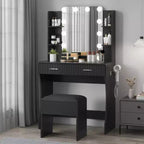 Garvee Makeup Vanity Desk with Mirror and 12 LED Lights, Modern Dressing Table Furniture with Hair Dryer Holder Stool for Bedroom