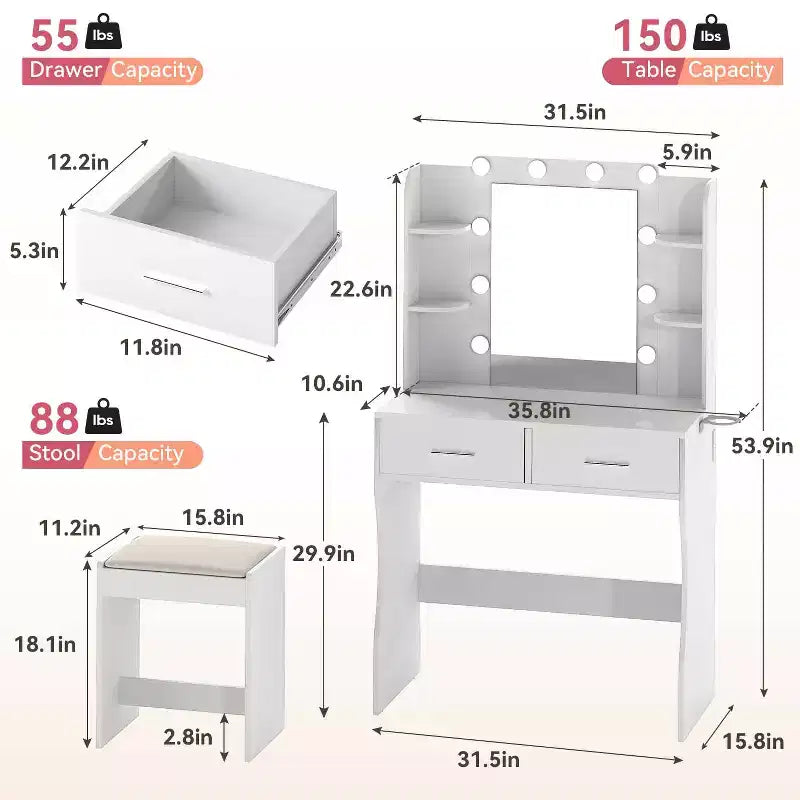 FDW büyük aynalı ve 3 renk ışık seçenekli makyaj masası, ayarlanabilir çoklu priz ve saç kurutma makinesi tutuculu giyinme masası seti