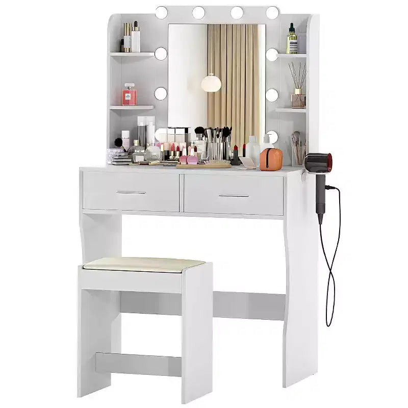 Tocador de maquillaje FDW con espejo grande y opciones de iluminación de 3 colores; conjunto de mesa de vestidor con regleta ajustable y soporte para secador de pelo