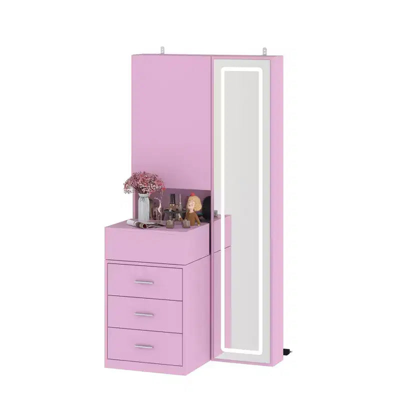 Famapy Stylish Vanity Cabinet with Full-Size LED Mirror & Divided Drawers,White/Black/Pink Storage Cabinet,Spacious Organizer for Bedroom Makeup
