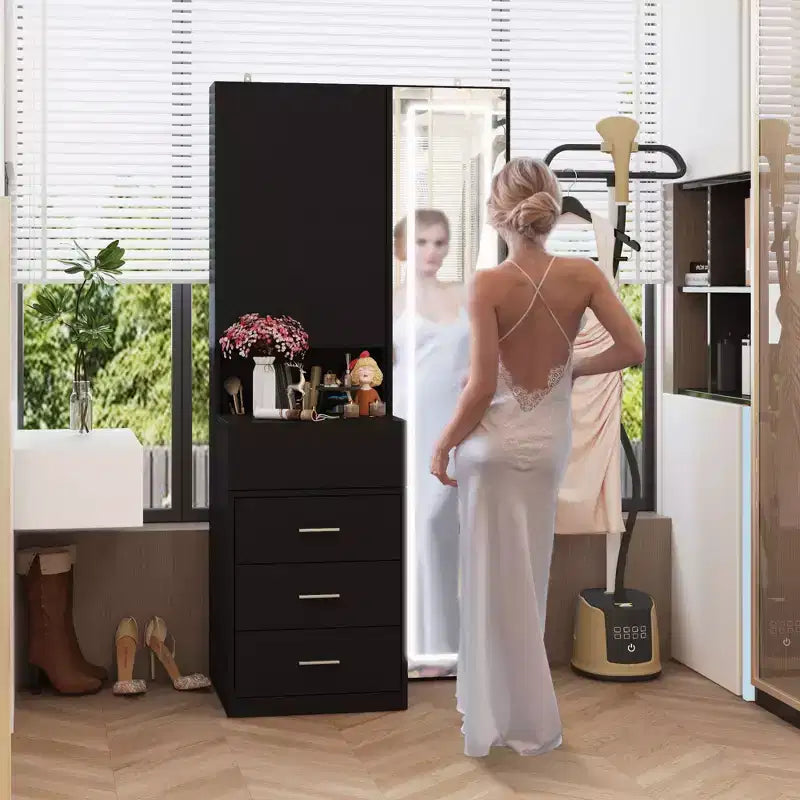Stilvoller Famapy-Schminkschrank mit großem LED-Spiegel und unterteilten Schubladen, Aufbewahrungsschrank in Weiß, Schwarz oder Rosa, geräumiger Organizer für Kosmetik im Schlafzimmer