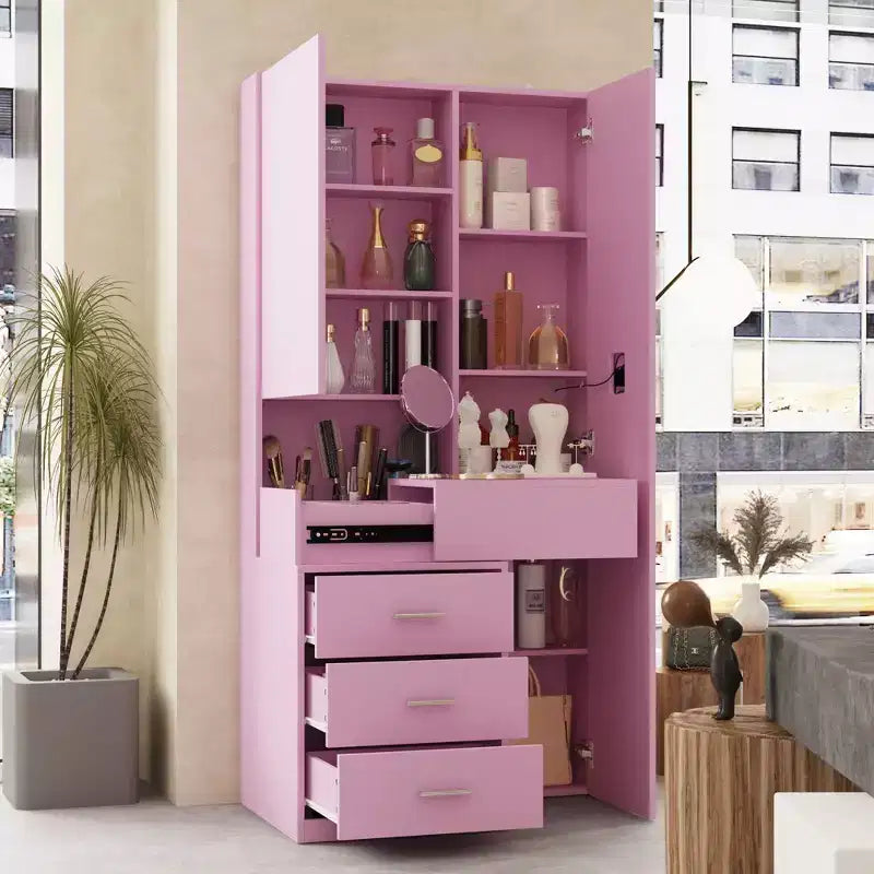 Stilvoller Famapy-Schminkschrank mit großem LED-Spiegel und unterteilten Schubladen, Aufbewahrungsschrank in Weiß, Schwarz oder Rosa, geräumiger Organizer für Kosmetik im Schlafzimmer