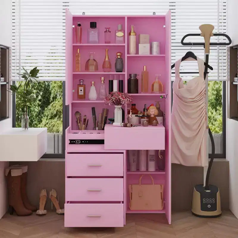 Stilvoller Famapy-Schminkschrank mit großem LED-Spiegel und unterteilten Schubladen, Aufbewahrungsschrank in Weiß, Schwarz oder Rosa, geräumiger Organizer für Kosmetik im Schlafzimmer