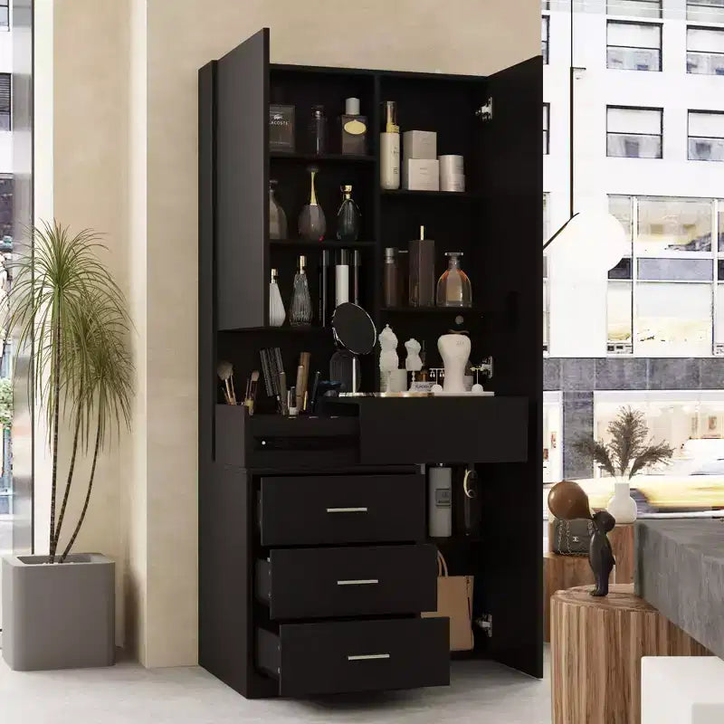 Stilvoller Famapy-Schminkschrank mit großem LED-Spiegel und unterteilten Schubladen, Aufbewahrungsschrank in Weiß, Schwarz oder Rosa, geräumiger Organizer für Kosmetik im Schlafzimmer