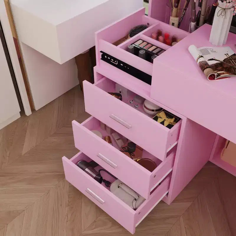 Stilvoller Famapy-Schminkschrank mit großem LED-Spiegel und unterteilten Schubladen, Aufbewahrungsschrank in Weiß, Schwarz oder Rosa, geräumiger Organizer für Kosmetik im Schlafzimmer