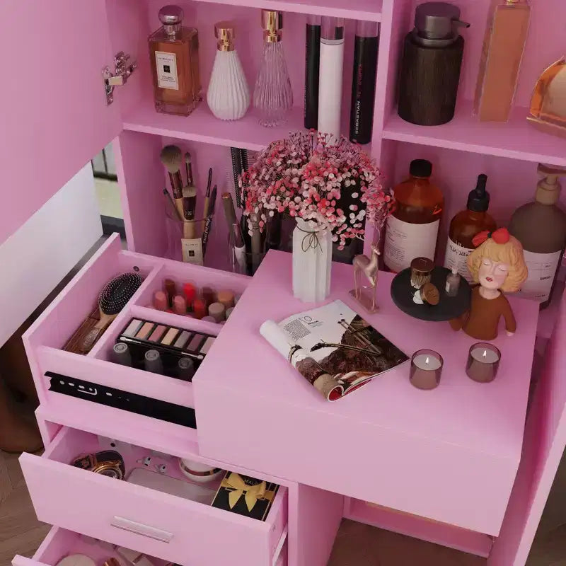 Stilvoller Famapy-Schminkschrank mit großem LED-Spiegel und unterteilten Schubladen, Aufbewahrungsschrank in Weiß, Schwarz oder Rosa, geräumiger Organizer für Kosmetik im Schlafzimmer