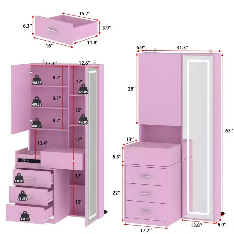 Stilvoller Famapy-Schminkschrank mit großem LED-Spiegel und unterteilten Schubladen, Aufbewahrungsschrank in Weiß, Schwarz oder Rosa, geräumiger Organizer für Kosmetik im Schlafzimmer