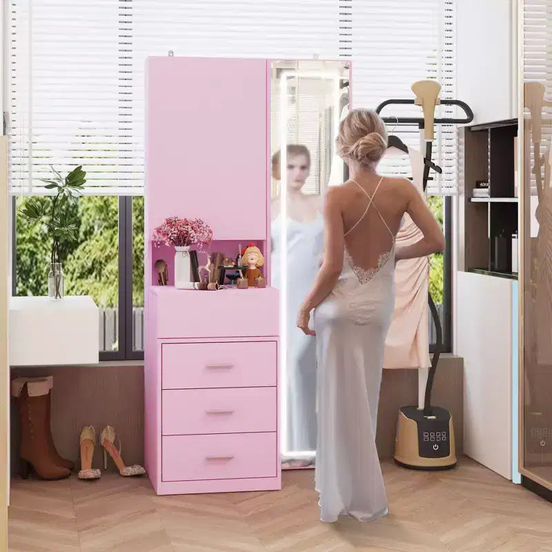 Stilvoller Famapy-Schminkschrank mit großem LED-Spiegel und unterteilten Schubladen, Aufbewahrungsschrank in Weiß, Schwarz oder Rosa, geräumiger Organizer für Kosmetik im Schlafzimmer
