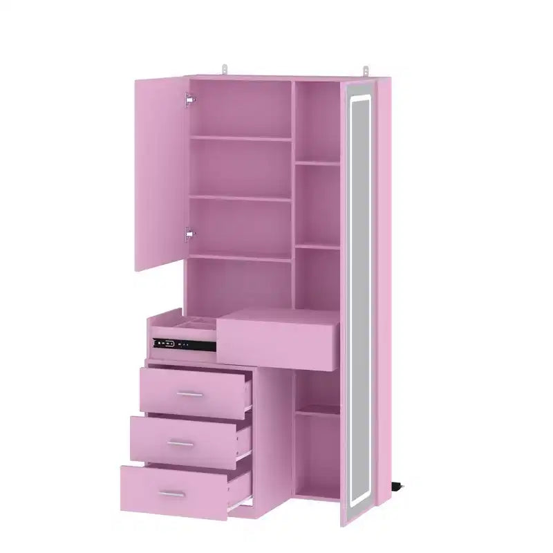Stilvoller Famapy-Schminkschrank mit großem LED-Spiegel und unterteilten Schubladen, Aufbewahrungsschrank in Weiß, Schwarz oder Rosa, geräumiger Organizer für Kosmetik im Schlafzimmer