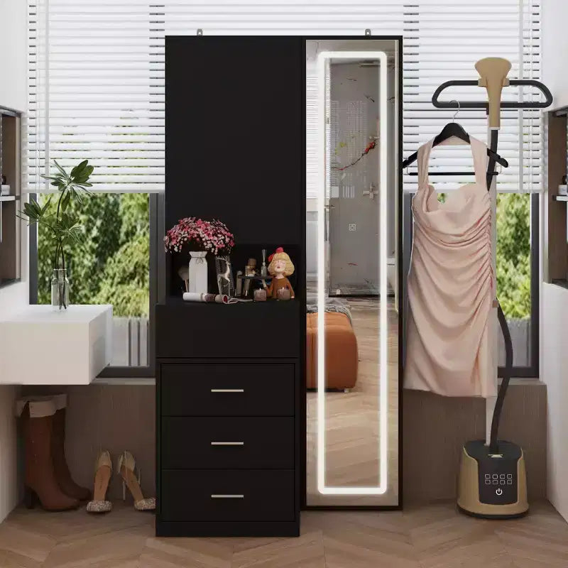 Stilvoller Famapy-Schminkschrank mit großem LED-Spiegel und unterteilten Schubladen, Aufbewahrungsschrank in Weiß, Schwarz oder Rosa, geräumiger Organizer für Kosmetik im Schlafzimmer