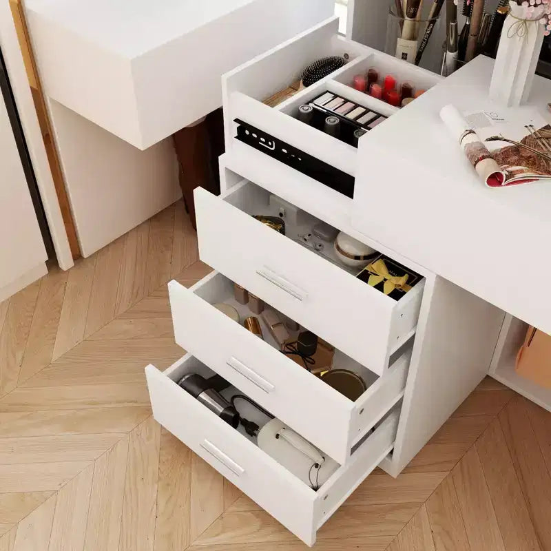 Stilvoller Famapy-Schminkschrank mit großem LED-Spiegel und unterteilten Schubladen, Aufbewahrungsschrank in Weiß, Schwarz oder Rosa, geräumiger Organizer für Kosmetik im Schlafzimmer