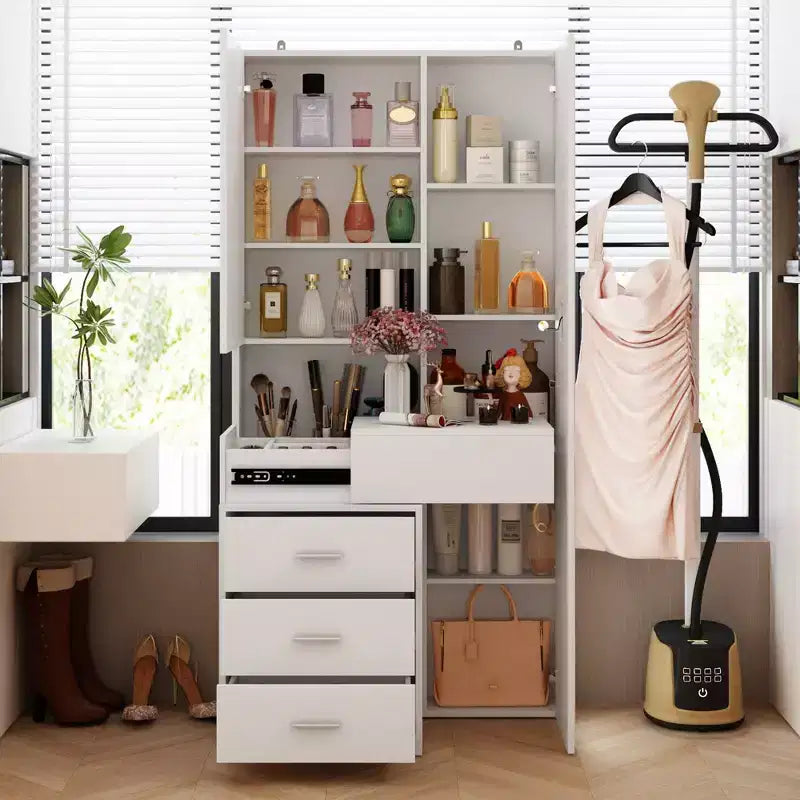 Stilvoller Famapy-Schminkschrank mit großem LED-Spiegel und unterteilten Schubladen, Aufbewahrungsschrank in Weiß, Schwarz oder Rosa, geräumiger Organizer für Kosmetik im Schlafzimmer