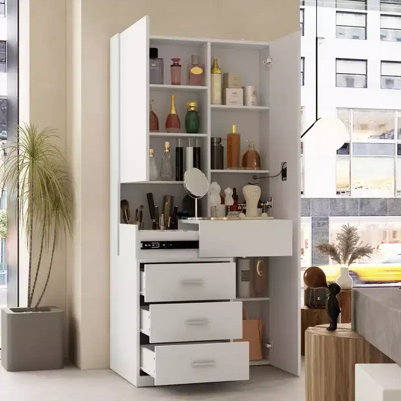 Stilvoller Famapy-Schminkschrank mit großem LED-Spiegel und unterteilten Schubladen, Aufbewahrungsschrank in Weiß, Schwarz oder Rosa, geräumiger Organizer für Kosmetik im Schlafzimmer