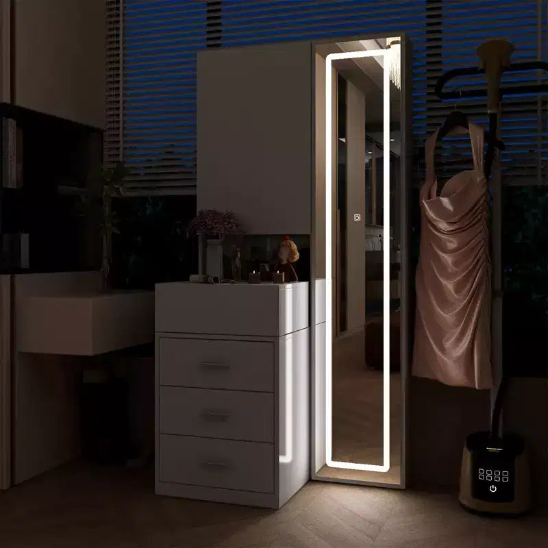 Stilvoller Famapy-Schminkschrank mit großem LED-Spiegel und unterteilten Schubladen, Aufbewahrungsschrank in Weiß, Schwarz oder Rosa, geräumiger Organizer für Kosmetik im Schlafzimmer
