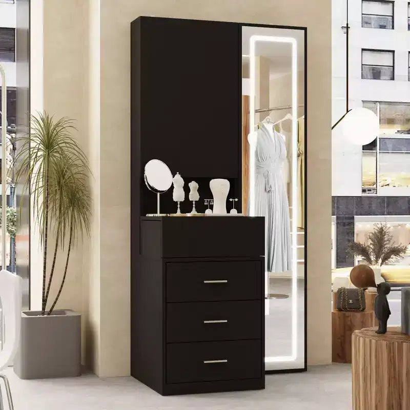 Stilvoller Famapy-Schminkschrank mit großem LED-Spiegel und unterteilten Schubladen, Aufbewahrungsschrank in Weiß, Schwarz oder Rosa, geräumiger Organizer für Kosmetik im Schlafzimmer