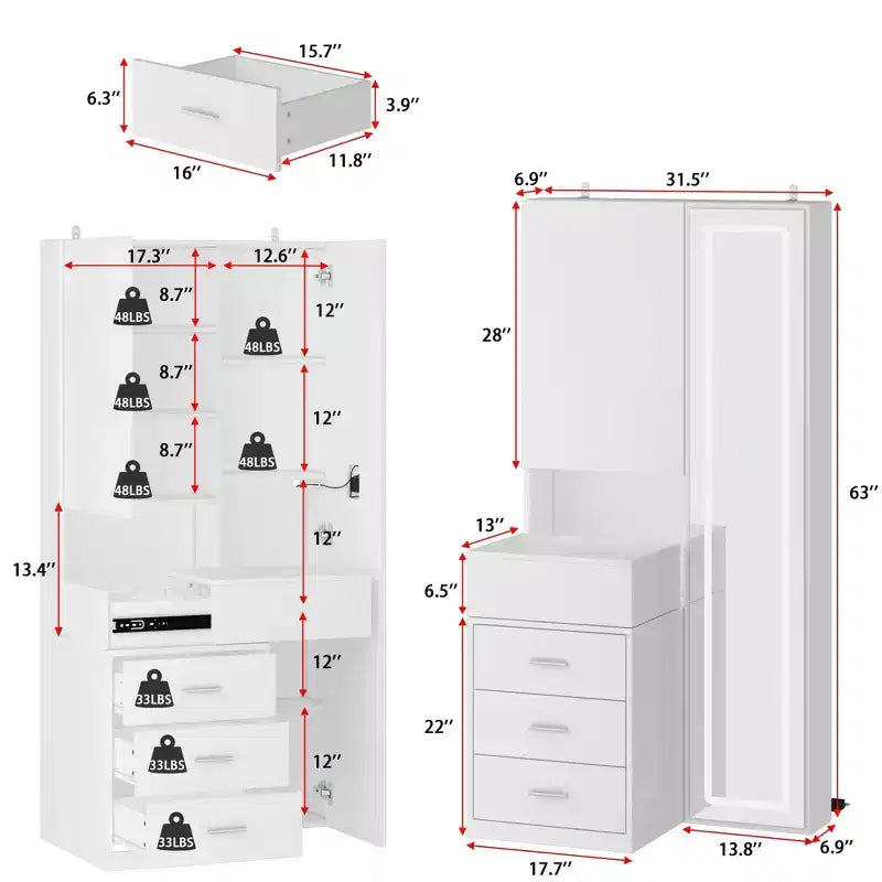 Stilvoller Famapy-Schminkschrank mit großem LED-Spiegel und unterteilten Schubladen, Aufbewahrungsschrank in Weiß, Schwarz oder Rosa, geräumiger Organizer für Kosmetik im Schlafzimmer