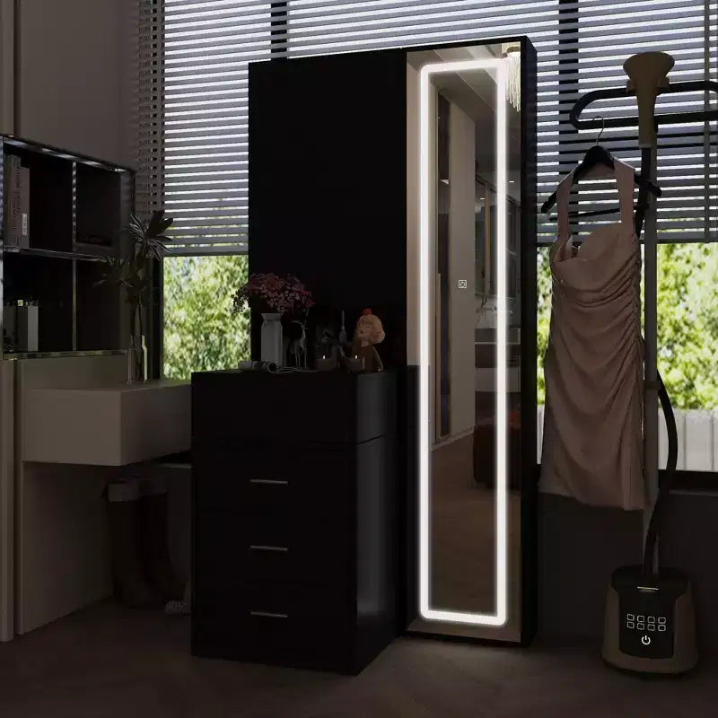 Stilvoller Famapy-Schminkschrank mit großem LED-Spiegel und unterteilten Schubladen, Aufbewahrungsschrank in Weiß, Schwarz oder Rosa, geräumiger Organizer für Kosmetik im Schlafzimmer