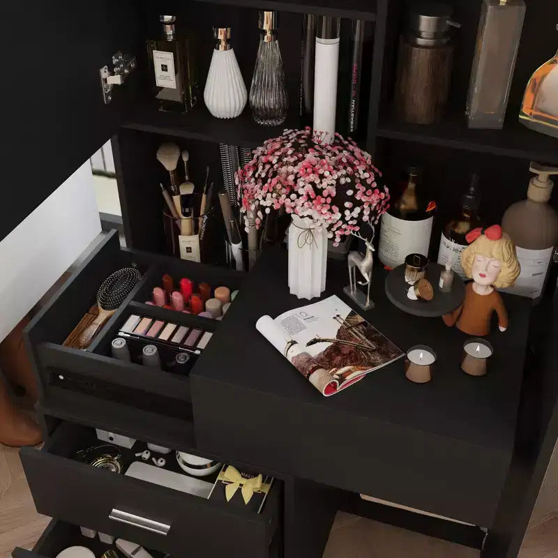 Stilvoller Famapy-Schminkschrank mit großem LED-Spiegel und unterteilten Schubladen, Aufbewahrungsschrank in Weiß, Schwarz oder Rosa, geräumiger Organizer für Kosmetik im Schlafzimmer