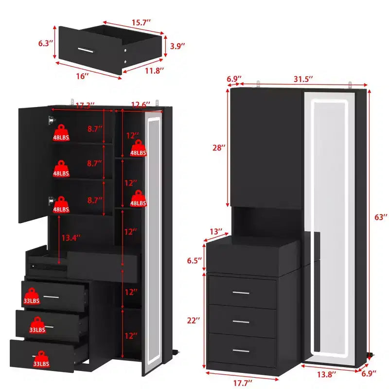 Stilvoller Famapy-Schminkschrank mit großem LED-Spiegel und unterteilten Schubladen, Aufbewahrungsschrank in Weiß, Schwarz oder Rosa, geräumiger Organizer für Kosmetik im Schlafzimmer