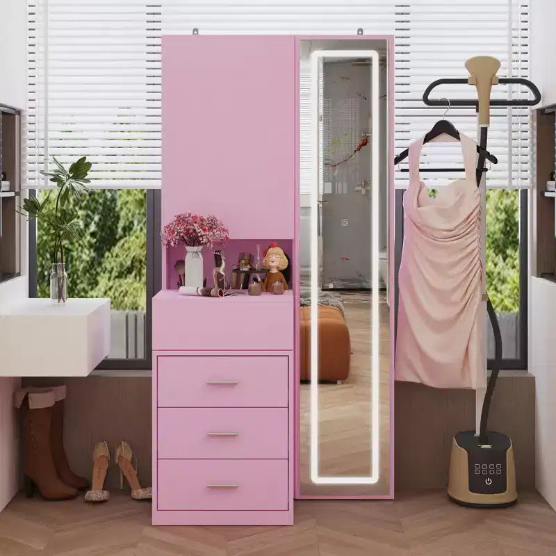 Armario tocador elegante Famapy con espejo LED de tamaño completo y cajones divididos, armario de almacenamiento blanco/negro/rosa, organizador espacioso para maquillaje en el dormitorio