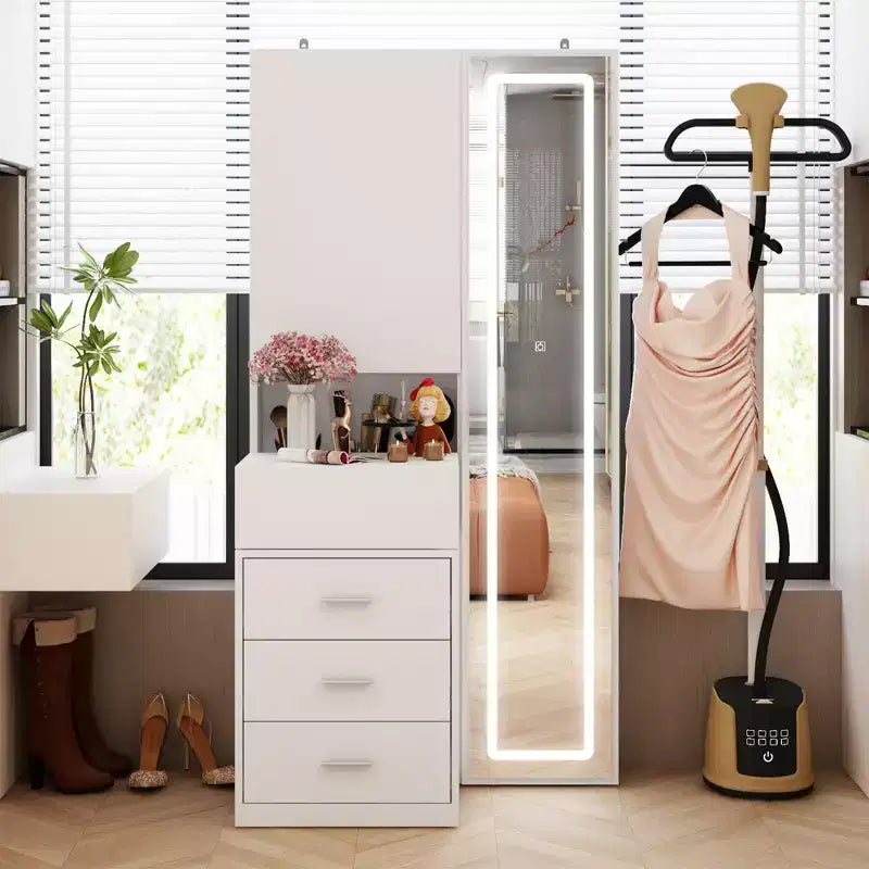 Armario tocador elegante Famapy con espejo LED de tamaño completo y cajones divididos, armario de almacenamiento blanco/negro/rosa, organizador espacioso para maquillaje en el dormitorio