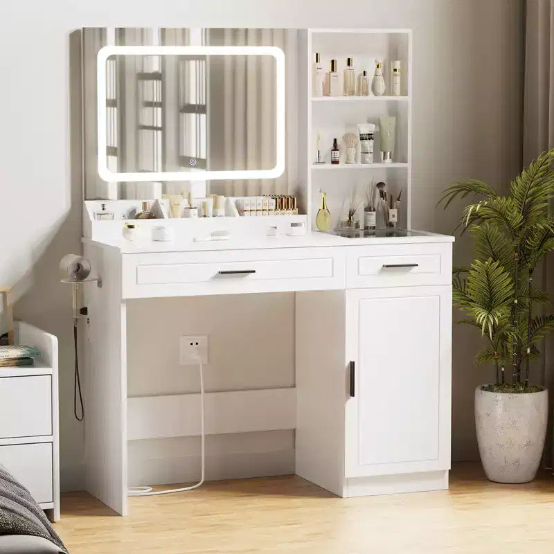 Hommpa Makeup Desk Vanity with Charging Station and Storage Shelves White One Cabinet