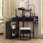 Whisen Corner Vanity Table with Storage Cushioned Stool, Charging Station, Removable Pull-Out Side Cabinet